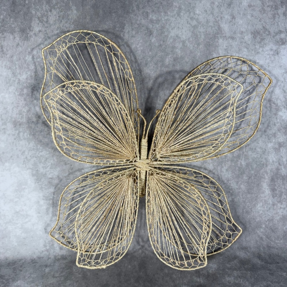 Vtg Woven Glitter‎ Straw Wire Butterfly Wall Decor 17" Lg Fiber Art Boho MCM